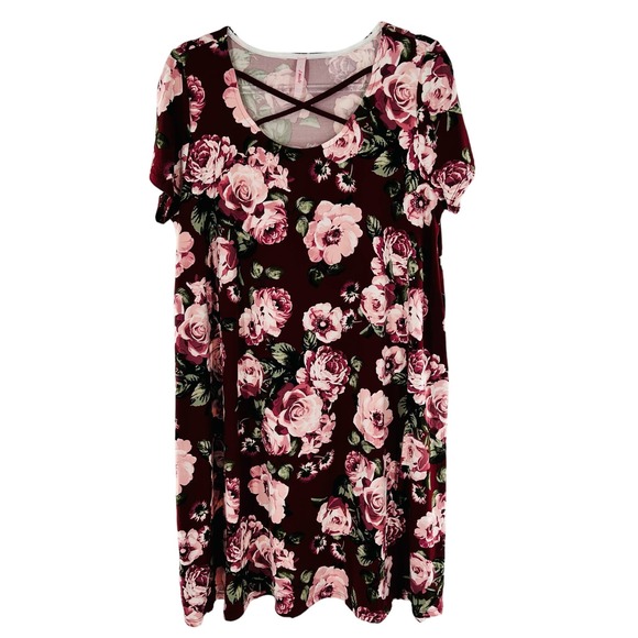 J Mode Size 2X Floral Short Sleeve Criss Cross Lattice Scoop Neckline Mini Dress - Picture 1 of 10